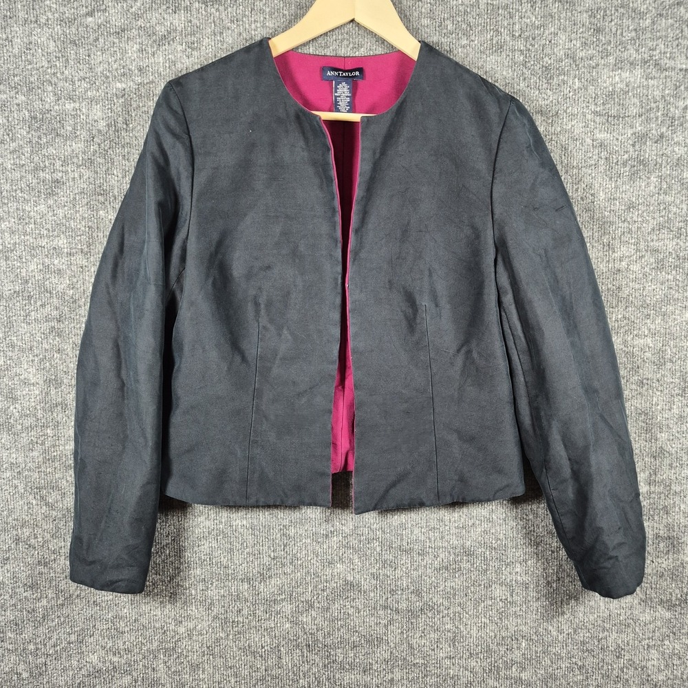 Ann Taylor 100% Silk Padded Blazer Jacket Black Gatsby Burgundy Lining Sz 12 Y2K